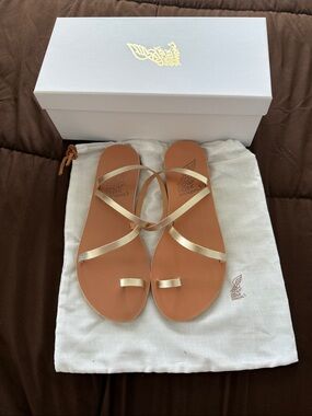 NEW Ancient Greek Sandals Metallic platinum Leather Strappy Flat Sandals